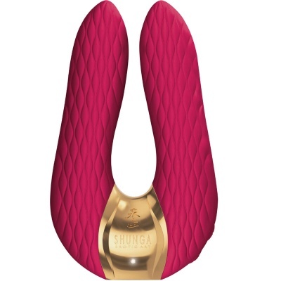 Aparelho vibrador rosa com textura ondulada e detalhe dourado