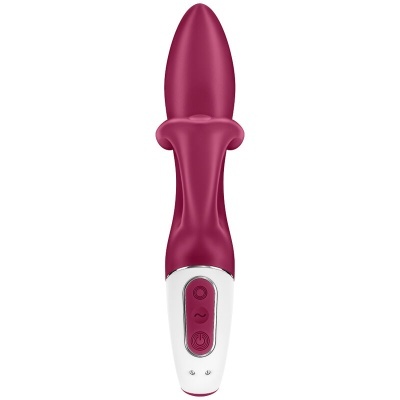 Vibrador tipo dildo vermelho bordô com base branca e botões vermelhos sobre fundo branco