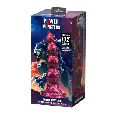 Embalagem com dildo silicone rosa e ilustração monstro lobo azul