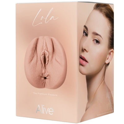 Embalagem de produto rosa com imagem silicone vulva e rosto de mulher loira
