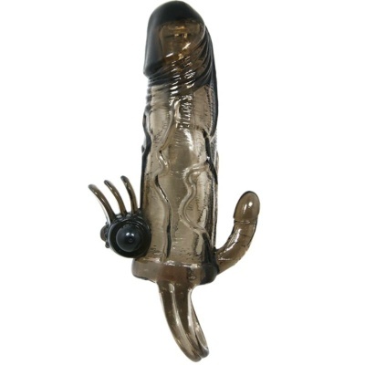 Produto sexual em formato fálico castanho translúcido com anel e protrusores.