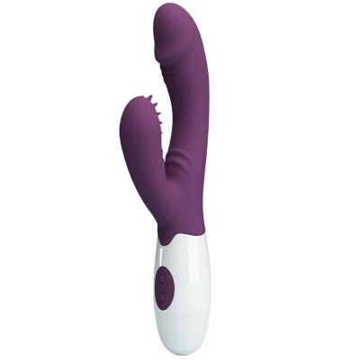 Vibrador roxo com estimulador adicional e base branca com botões.