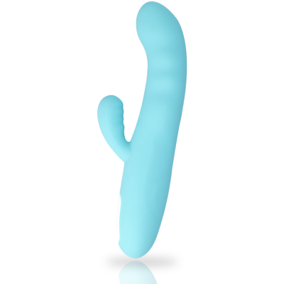 Vibrador azul claro com duas extremidades sobre fundo branco