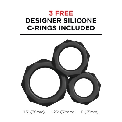 Três anéis de silicone preto facetados com tamanhos indicados e texto promocional