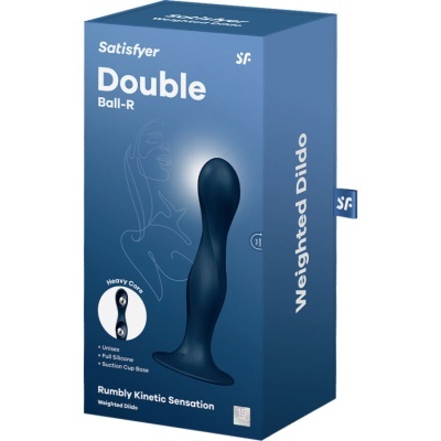 Embalagem azul com dildo preto e textos do produto Satisfyer Double Ball-R