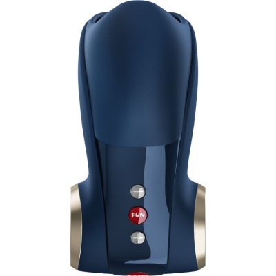 Dispositivo azul escuro com botões FUN, + e -