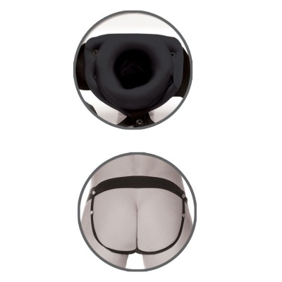 Dispositivo cinzento acolchoado com cinta preta ajustável numa pessoa