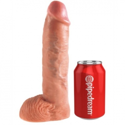 Brinquedo sexual realista beije ao lado de uma lata vermelha Pipedream