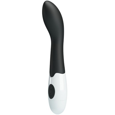 Vibrador curvado preto e branco com botões de controle