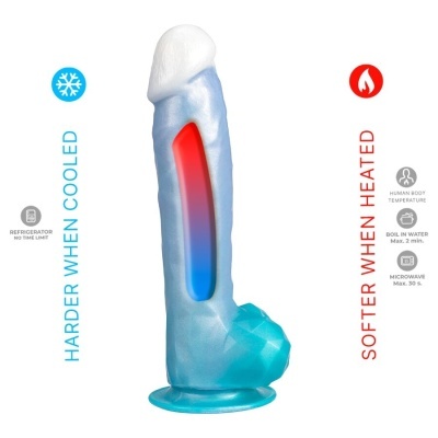 Dildo azul translúcido com cabeça branca e base azul, texto sobre variação de dureza com temperatura