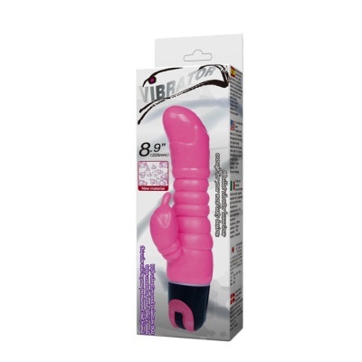 vibrador rosa com base preta em embalagem branca