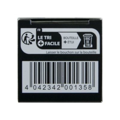 Embalagem preta com etiqueta de reciclagem e código de barras