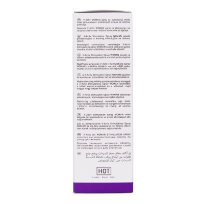 Caixa de spray V-Activ WOMAN com texto multilingue e design branco com roxo