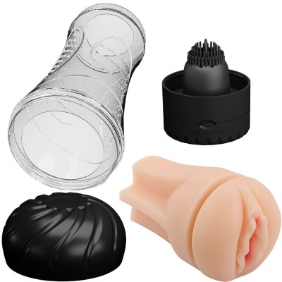Dispositivo cilíndrico transparente desmontado em quatro partes com capa de silicone cor pele e acessórios pretos