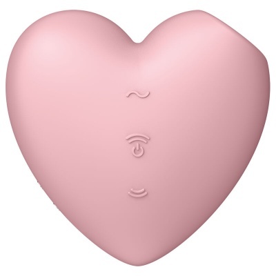 Dispositivo em forma de coração rosa com símbolos em relevo no centro.