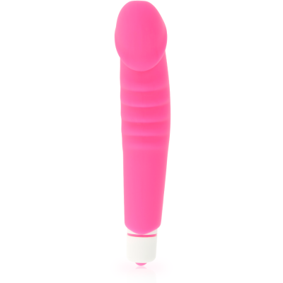 Vibrador cor-de-rosa com textura e botão branco na base
