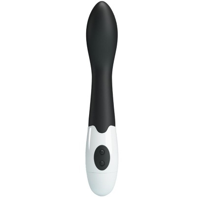 Vibrador preto e branco com botão de controlo