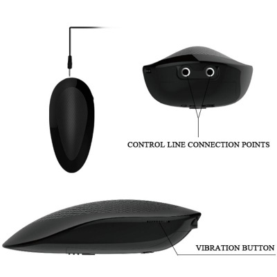 Dispositivo eletrônico preto com botão de vibração e pontos de conexão