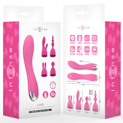 Caixa de vibrador rosa com cabeças intercambiáveis em fundo branco.