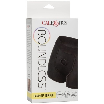 Embalagem de boxers masculinos pretos CalExotics Boundless L/XL com abertura frontal para arnês