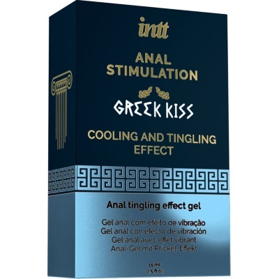 Embalagem de gel anal intt Greek Kiss azul com texto em dourado e branco