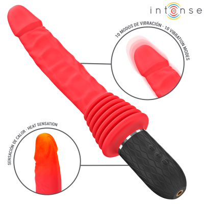 Vibrador vermelho com cabo preto e botões, com indicação de modos de vibração e sensação de calor