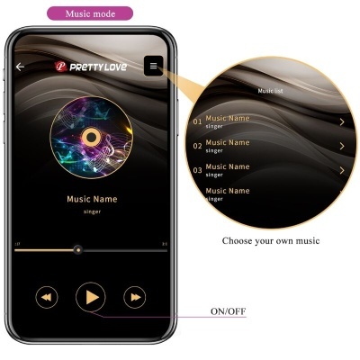 Dispositivo electrónico com ecrã de aplicação de música preto e dourado mostrando lista de músicas