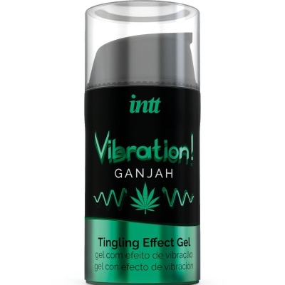 Gel Vibration! Ganjah intt embalagem preta e verde metálico com texto e símbolo de folha de cannabis