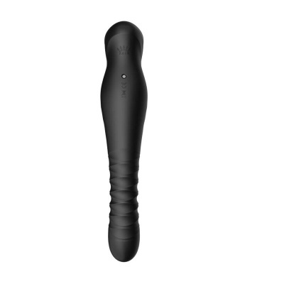Vibrador preto longo com superfície lisa e textura ondulada.