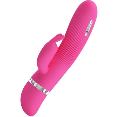 Vibrador rosa com textura de linhas verticais e detalhe metálico prateado