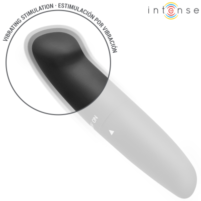 Vibrador branco com ponta preta e texto de estimulação vibratória em inglês e espanhol