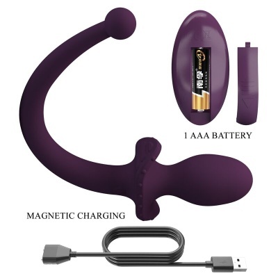 Dispositivo sexual roxo com cabo USB e bateria AAA