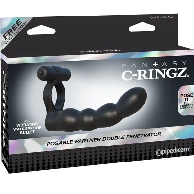 Caixa de anel vibrador preto Fantasy C-Ringz com texto e fundo cinzento e preto