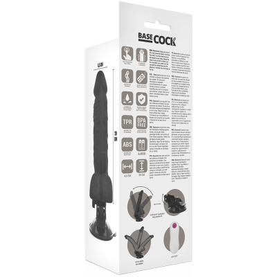Embalagem branca com dildo preto BASE COCK e informações do produto