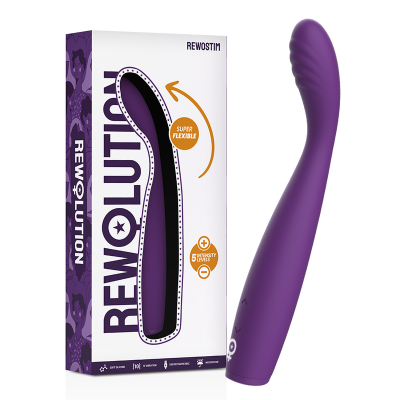 Vibrador roxo REWOSTIM da marca REWOLUTION com embalagem mostrada
