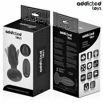 Caixa embalagem preto e branco do produto adulto Flipping Tongue Anal Plug da marca addicted toys