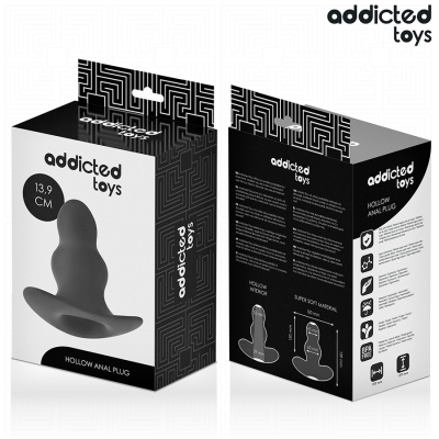 Caixa preta e branca de plug anal oco addicted toys com texto e diagramas