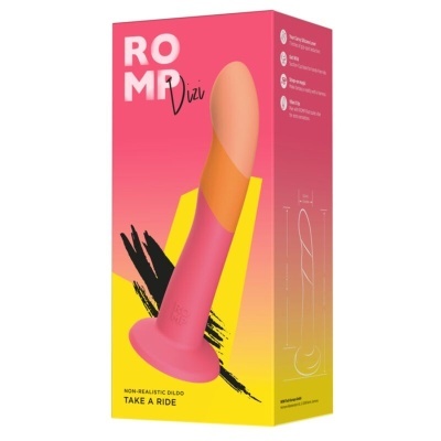 Embalagem colorida com dildo não realístico cor de pele e base rosa.
