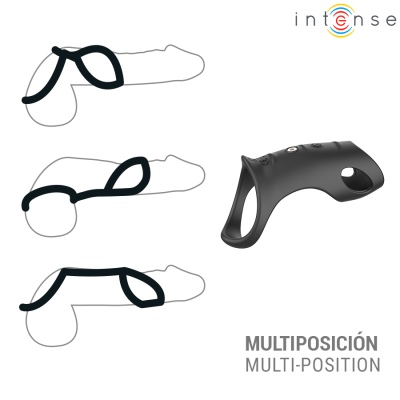 Anel masturbador masculino preto com três posições e texto MULTIPOSICIÓN MULTI-POSITION.