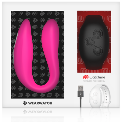Dispositivo Wearwatch rosa em U, monitor preto com sensores, pulseira branca e cabo USB em embalagem