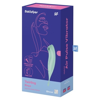 Embalagem azul escura de vibrador Satisfyer Twirling Pro+ com imagem do produto verde claro e texto em rosa e branco
