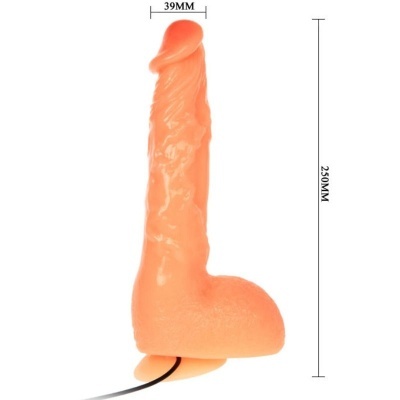 Vibrador realista cor de pele com ventosa e cabo, dimensões indicadas.
