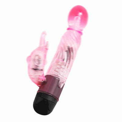 Vibrador cor-de-rosa translúcido com estimulador em formato de coelho
