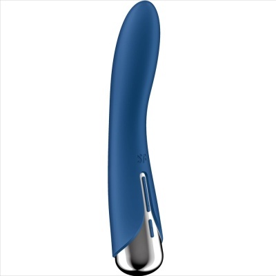 Vibrador azul com base metálica prateada e superfície lisa