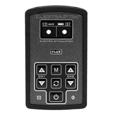 Dispositivo eletrônico elétrico preto com ecrã e botões para controlo de estimulação elétrica