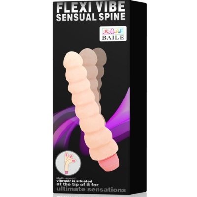 Embalagem preta de vibrador flexível cor de pele com textura ondulada, texto FLEXI VIBE SENSUAL SPINE, marca BAILE.