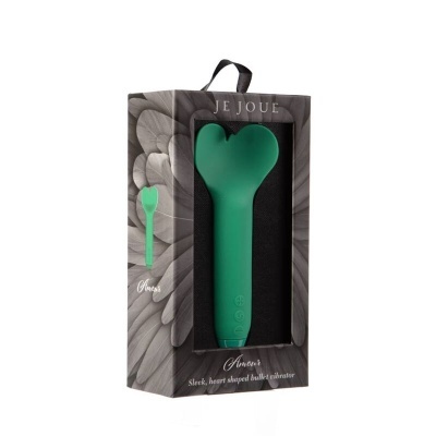 Vibrador verde em forma de coração em embalagem preta com flores cinzentas