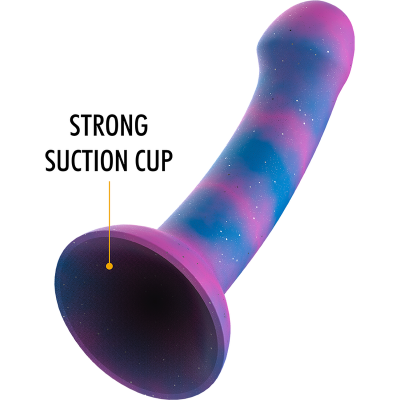 Dildo em silicone azul e rosa com ventosa preta na base