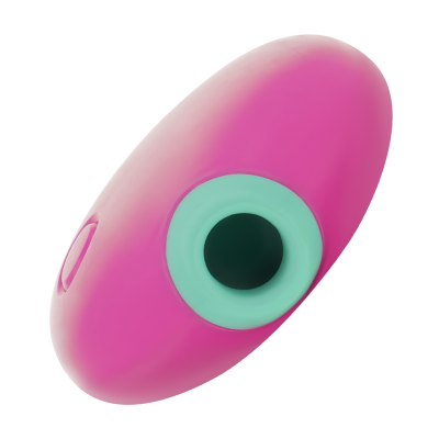 Dispositivo eletrónico cor-de-rosa com detalhe azul-turquesa e botão oval