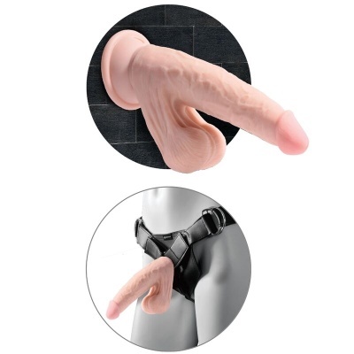 Dildo realista cor bege rosado com base ventosa e unido a cinta preta num manequim.